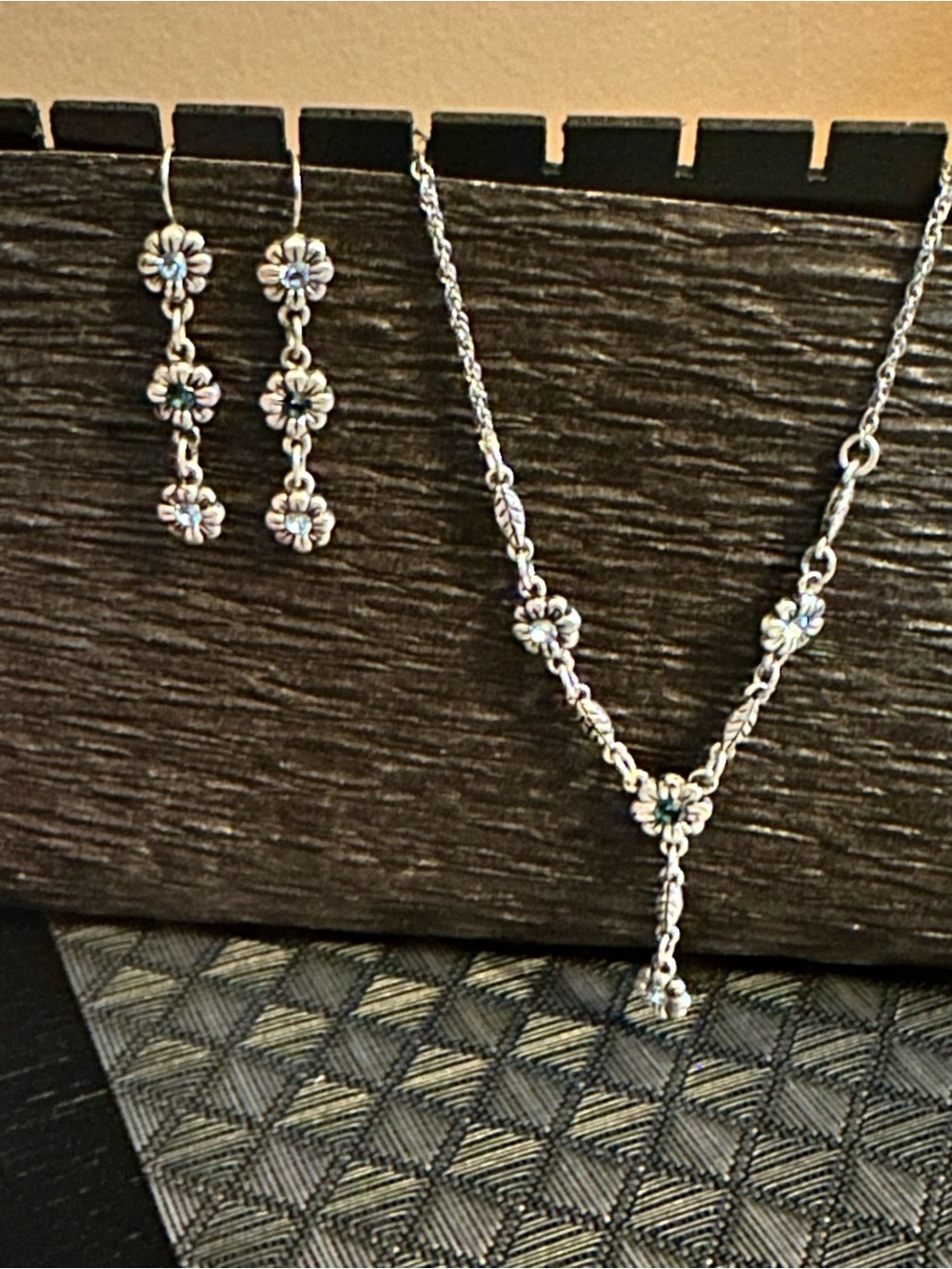 1928 Jewelry Company Vintage Silver Floral Drop Y-Necklace and Earrings Set